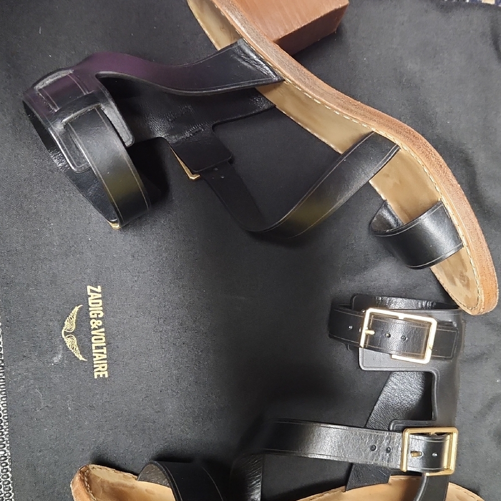 Zadig & Voltaire Black Leather Sandals with Gold Buckles